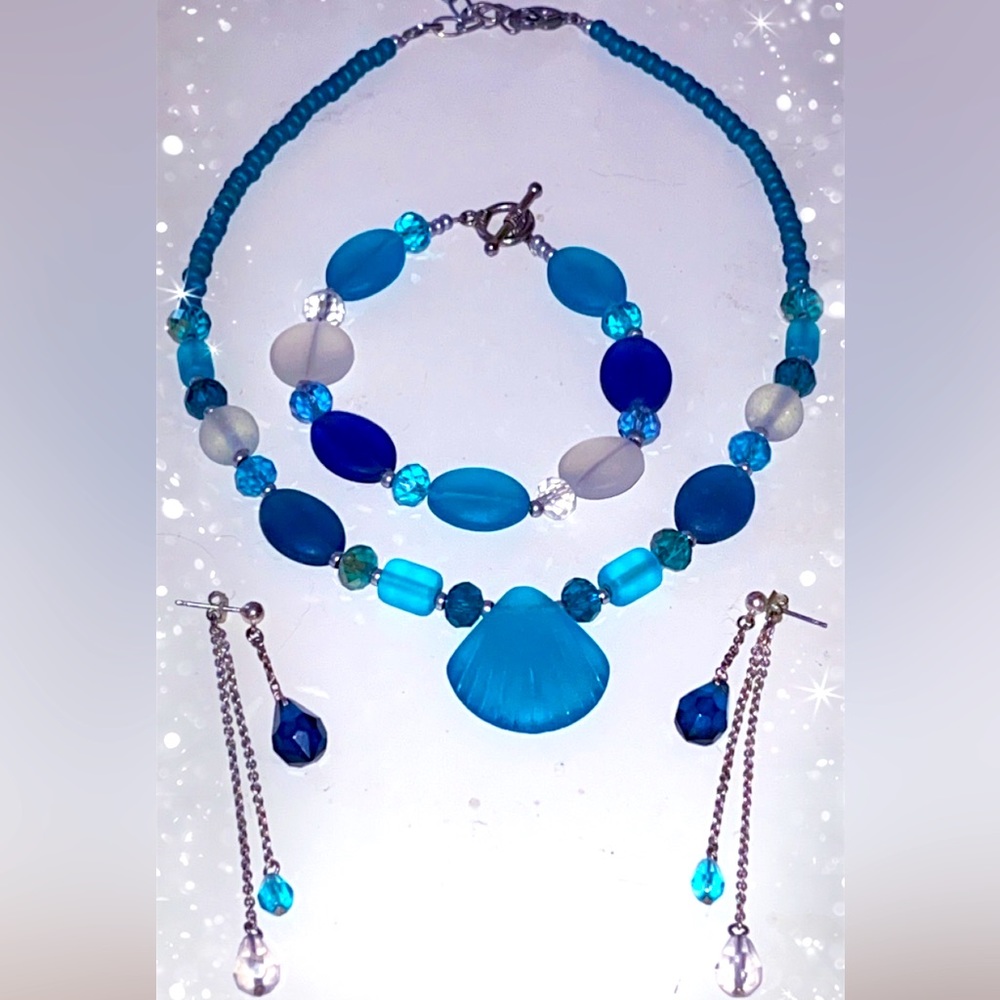 🌊🐚 Blue Sea Glass Shell Jewelry Set
